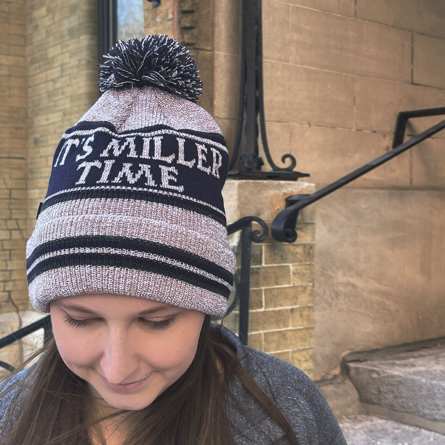IT'S MILLER TIME STRIPED POM BEANIE